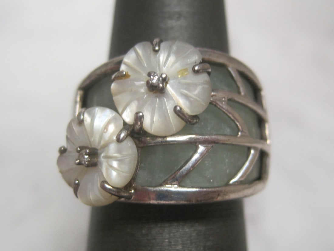 Sterling Silver Ring with Jade and Carved Abalone Flowers: Diamonds in Center. Size 6