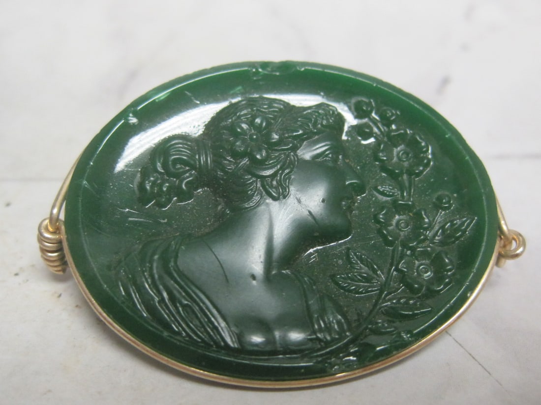 Art Nouveau Style Brooch with Maiden in Gold Filled Frame: .