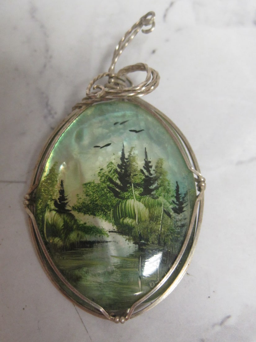 Russian Lacquerware on Abalone Pendant with Silver Wire Wrap: .