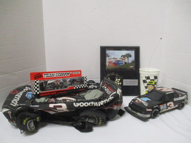 Vintage "Dale Earnhardt" Lot - Quartz Wall Clock Plaque, New Old Stock: Matchbox Super Star Team Convoy, Cup, Backpack and Battery-Operated Race Car