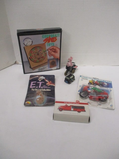 Lot of Vintage Toys - E.T., Corporate Dartboard, Firetruck, Motorcycles, etc.: see pictures and preview for selection and condition