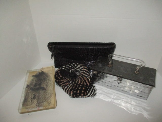 Metal Mesh Purse , Veil Hat, and Woven Metal Handbag with Lucite Top: .