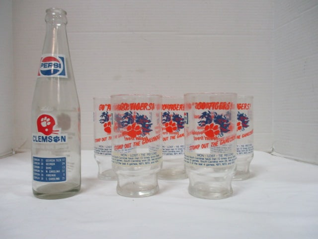 Pepsi Clemson Collectible Glasses (Lot of 5) & 1974 Pepsi Bottle: .