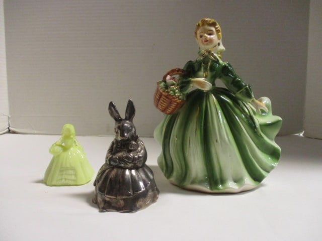 Uranium Glass Colonial Doll (2 1/2"), Victorian Lady Vase (6 1/2"), (1 of 11)