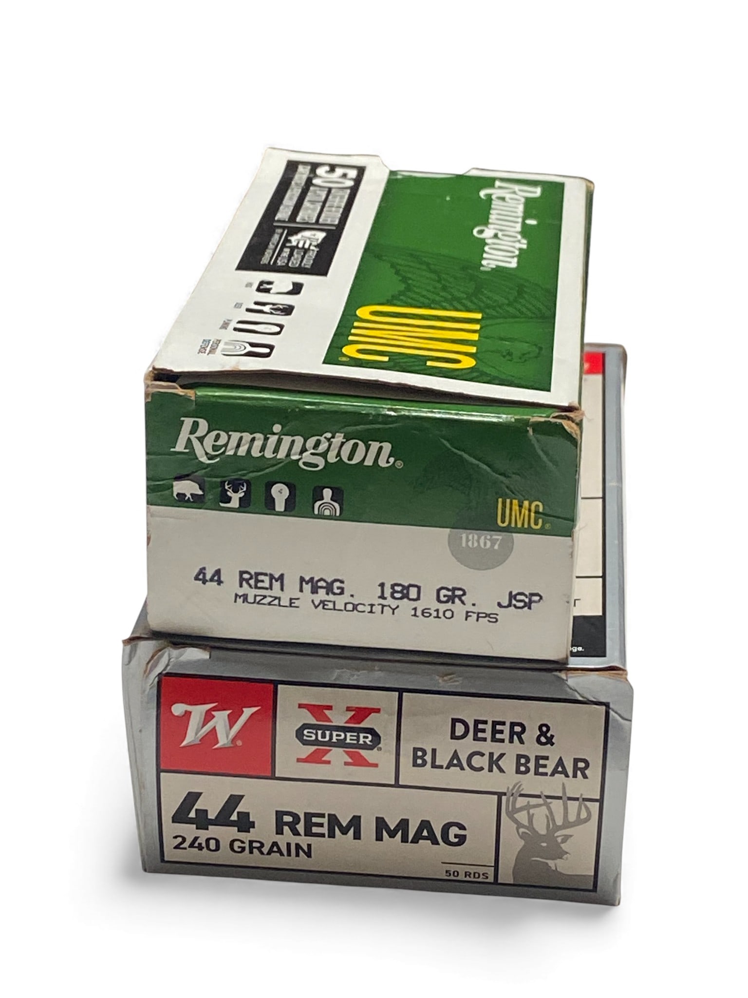 NIB 98rds. of .44 REM. MAG. Ammunition: 48rds. of 180gr. JSP Remington UMC and 50rds. of 240gr. Winchester Super-C Deer & Black Bear ammunition
