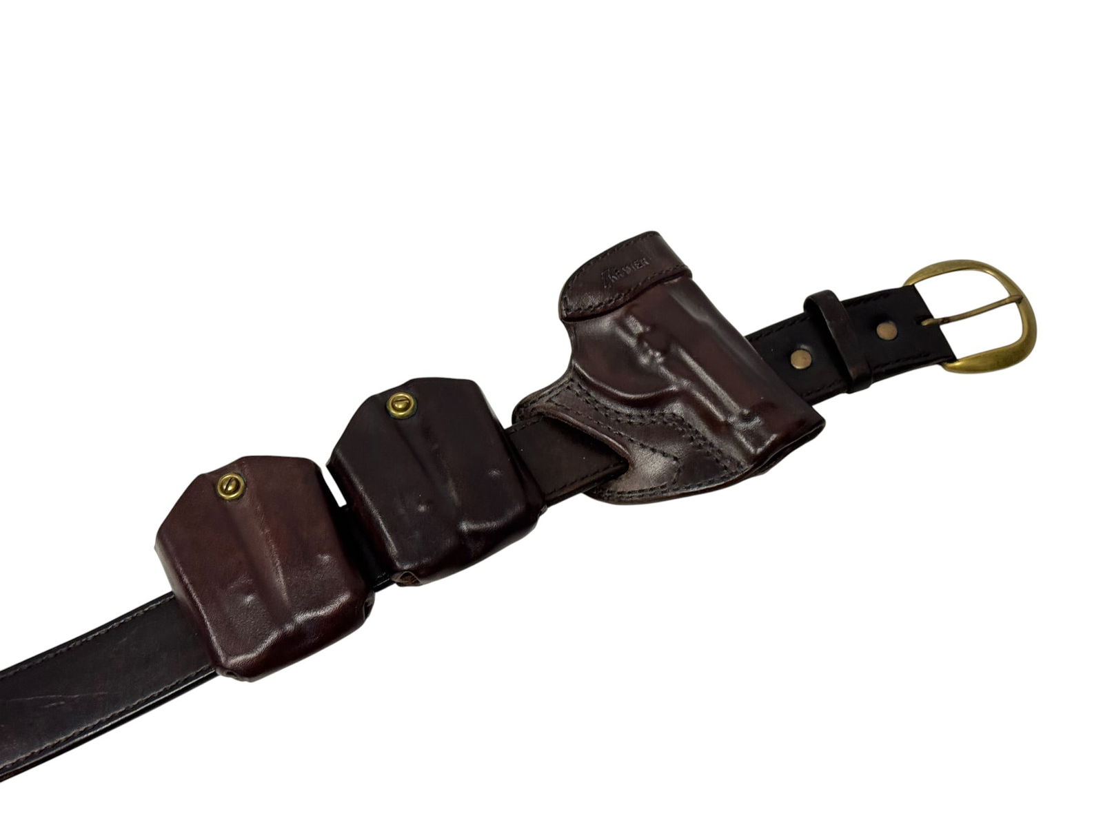 Custom Kramer Double Leather Gun Belt for Colt Agent & Other J-Frame Revolvers: This is a custom crafted double leather gun belt by Kramer Leather. It’s a size 38 and features a right hand holster, and 4 ammo pouches. Belt is in excellent condition with a nice dark chocolat