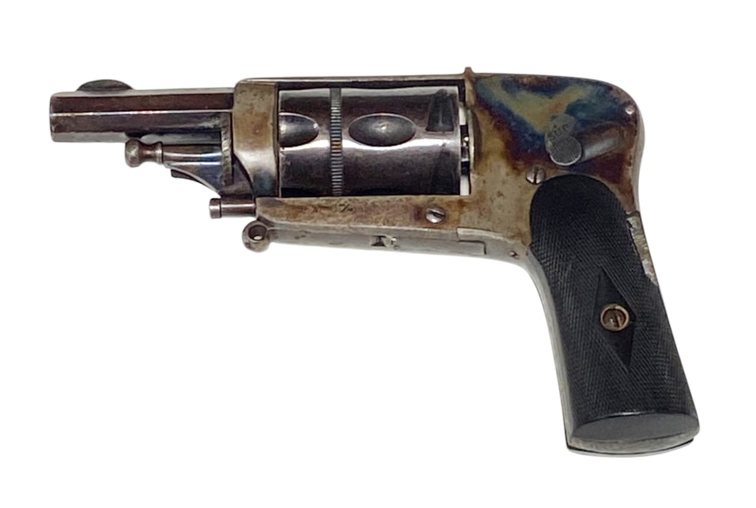 Antique Belgian Velo Dog 6mm Hammerless Revolver w/ Folding Trigger & Safety (Low Serial): S#: 23 | 5 Round Cylinder of 5.75mm (known as 6mm Center Fire Velodog) | Hidden Folding Trigger | Double Action | Flip Safety on left side of frame |||| CONDITION: Good. Shows a very nice CCH Finish o