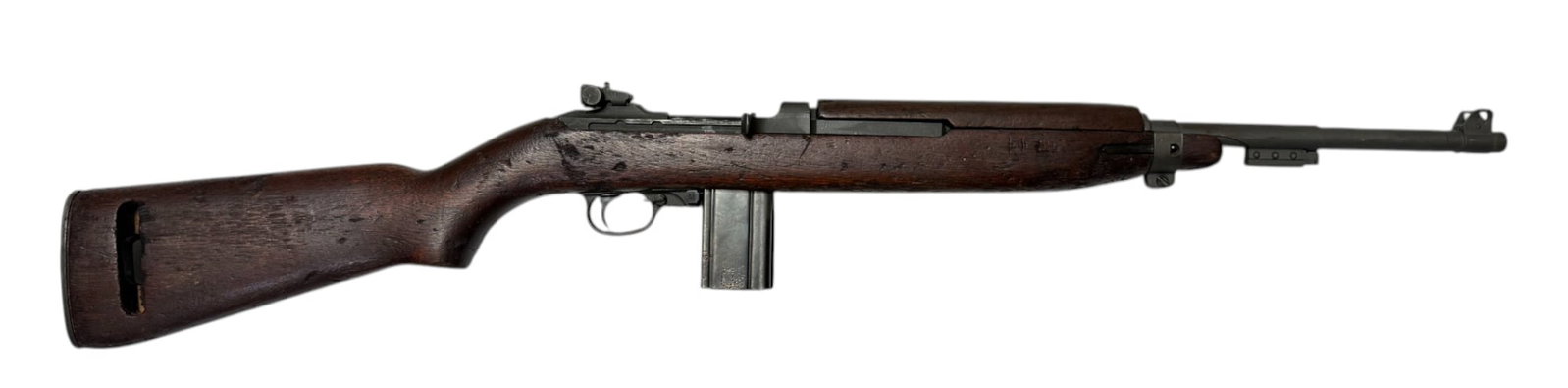 Late WWII 1945 Inland M1 Carbine .30 CAL. Semi-Automatic Rifle: S#: 6749094 | 18” Inland Barrel dated 1-45 | Import marked | Comes with (1) 15rd. magazine stamped with a U on the spine |||| CONDITION: Moderate. 95% original parkerized finish. Wood stock is s