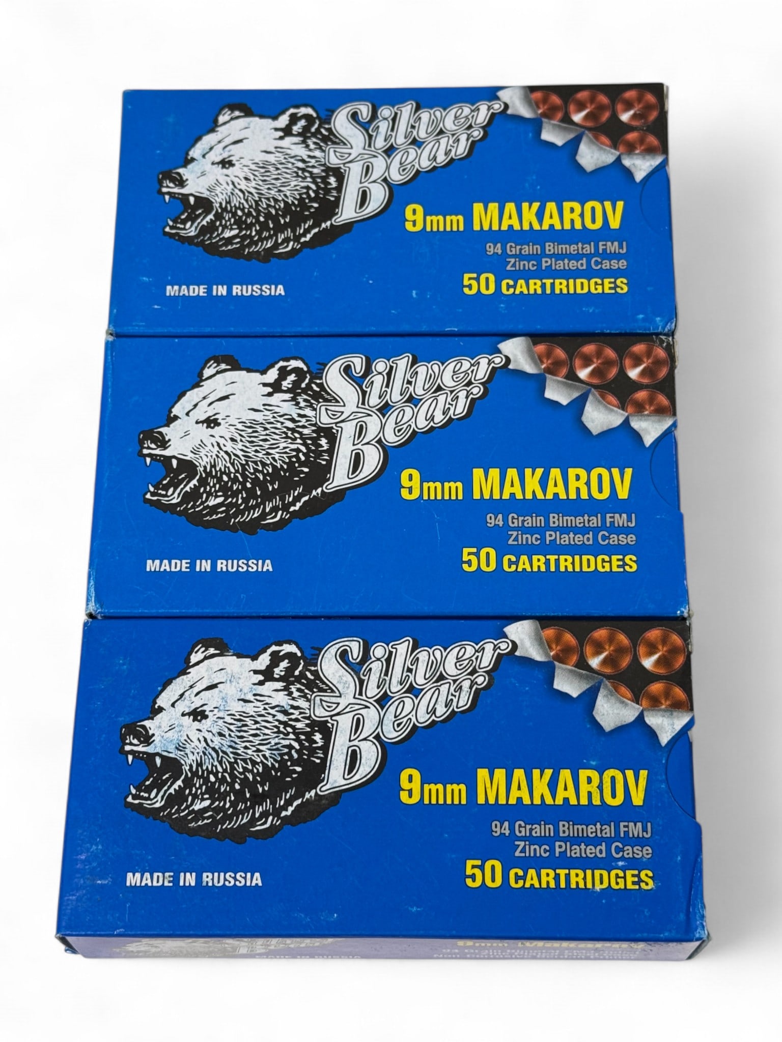 NIB 150rds. of 9x18mm MAK 94gr. Bimetal Zinc FMJ Russian Silver Bear Ammunition: 3 Boxes of 50 Rounds Each