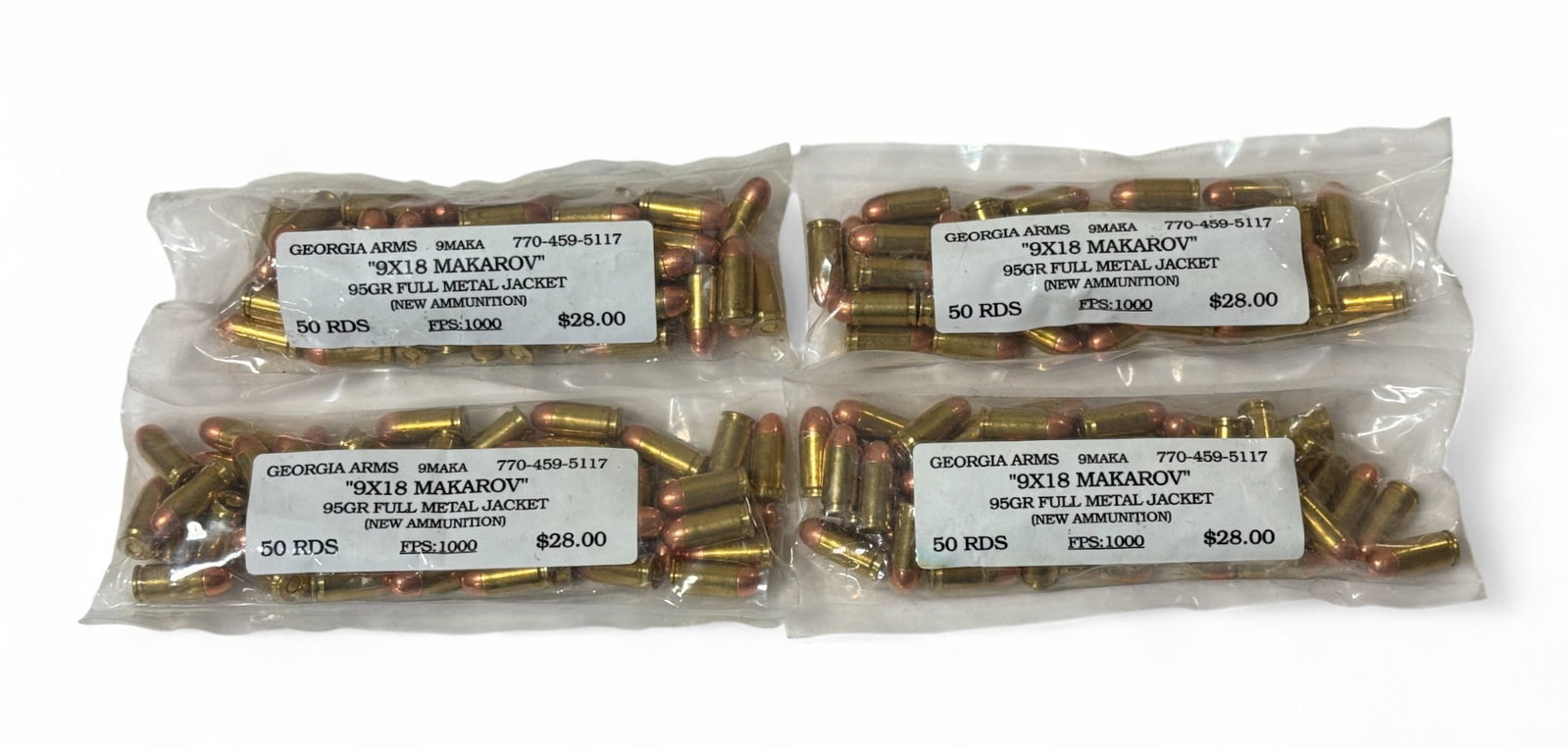 NIB 200rds. of 9x18mm MAK 95gr. FMJ Georgia Arms New Ammunition: 4 Sealed Bags of 50 Rounds Each