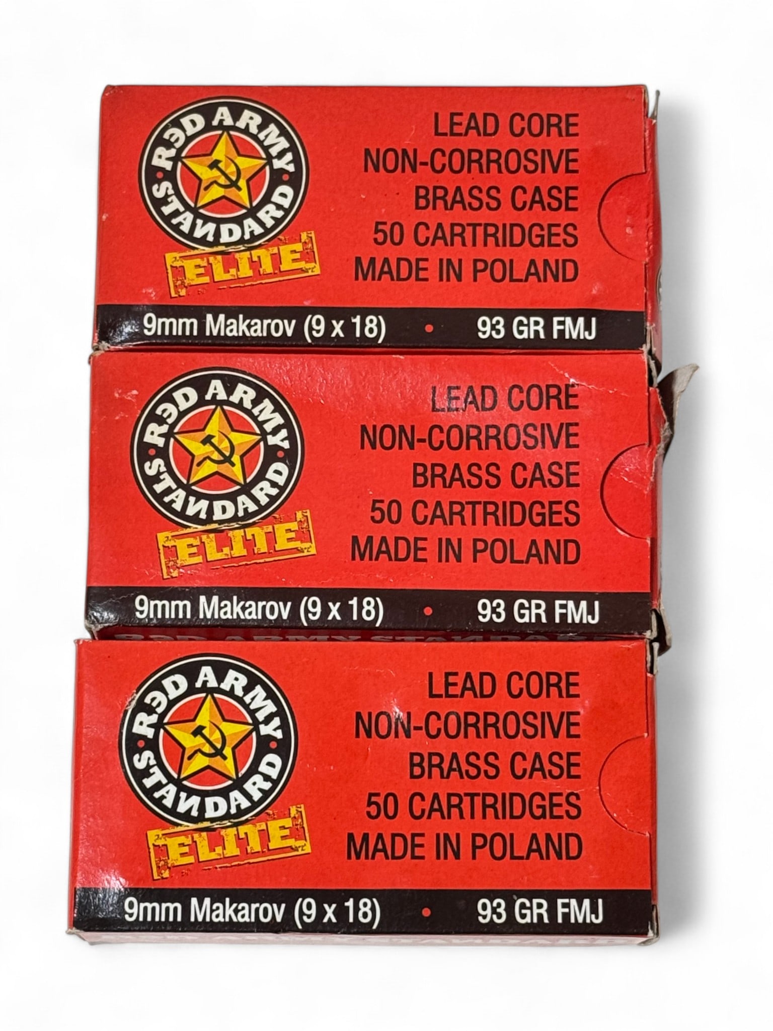 NIB 150rds. of 9x18mm MAK 93gr. FMJ Red Army Brass Case Ammunition: 3 Boxes of 50 Rounds Each