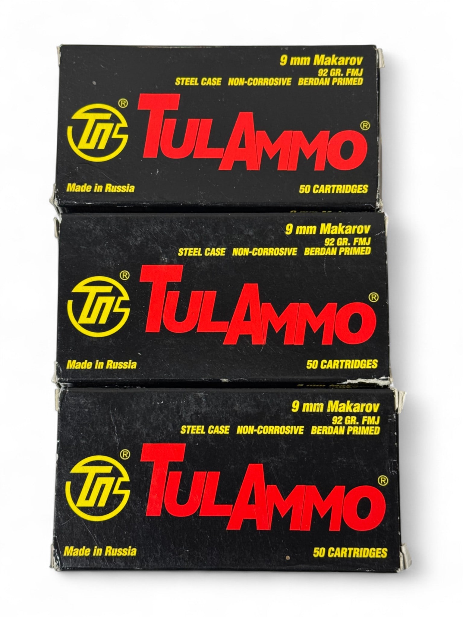 NIB 150rds. of 9x18mm MAK 92gr. FMJ TulAmmo Steel Case Ammunition: 3 Boxes of 50 Rounds Each