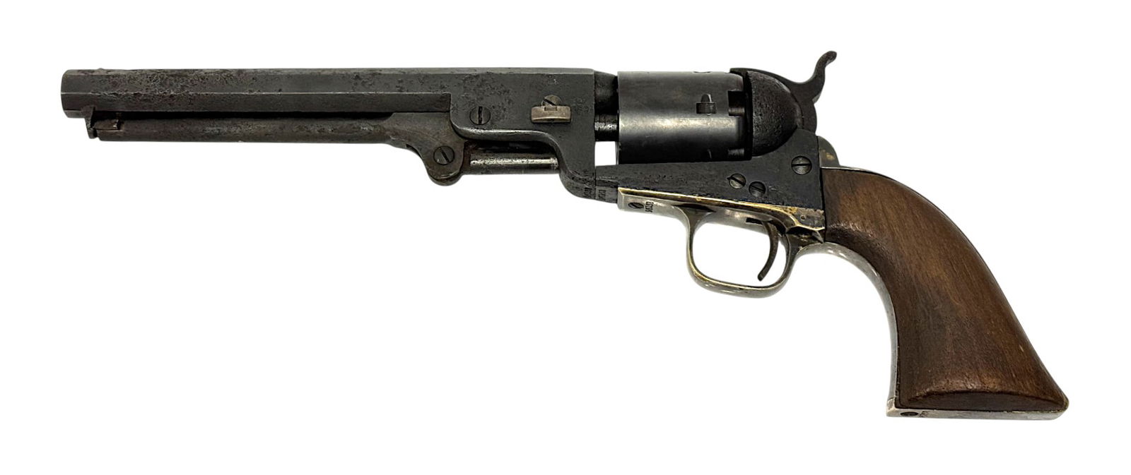Antique 1860 Colt Model 1851 Navy Scarce .38 CAL. Blackpowder Percussion Revolver: S#: 96153 | Mfg. 1860 | Matching on bottom of grip frame, trigger guard, frame, and barrel. Also stamped 6153 on loading lever | 7.5” Octagonal Barrel marked "Address Saml. Colt Hartford CT." al