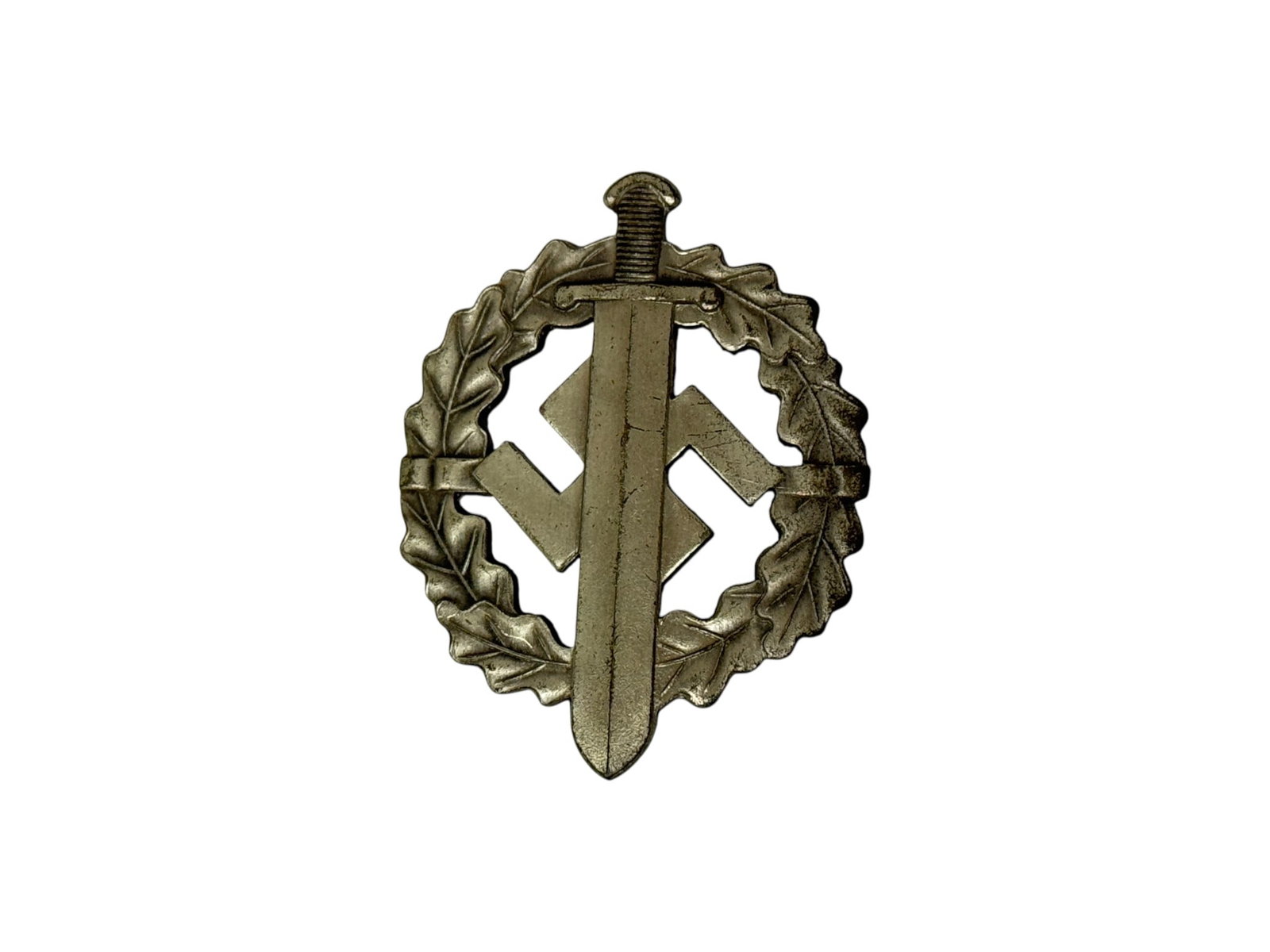 German WWII Period SA Sports Badge in Silver: Maker marked on back. Excellent condition, with very nice silver finish. This Sports badge was awarded to members of the Sturmabteilung (SA) who had already earned the Bronze badge and met further cri