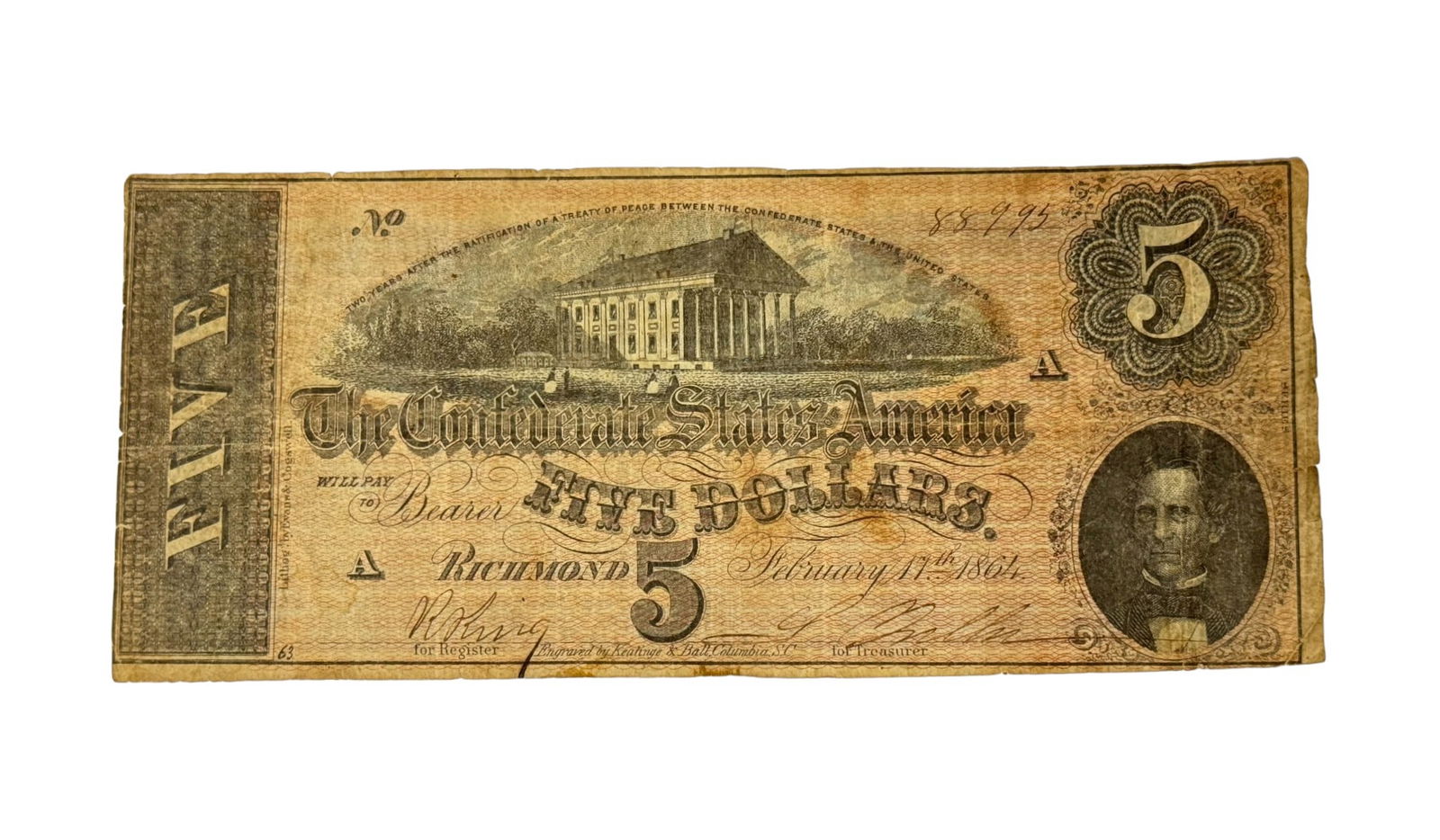 Original $5 Confederate States of America (CSA) Bank Note from 1864 (T-69) (1 of 4)
