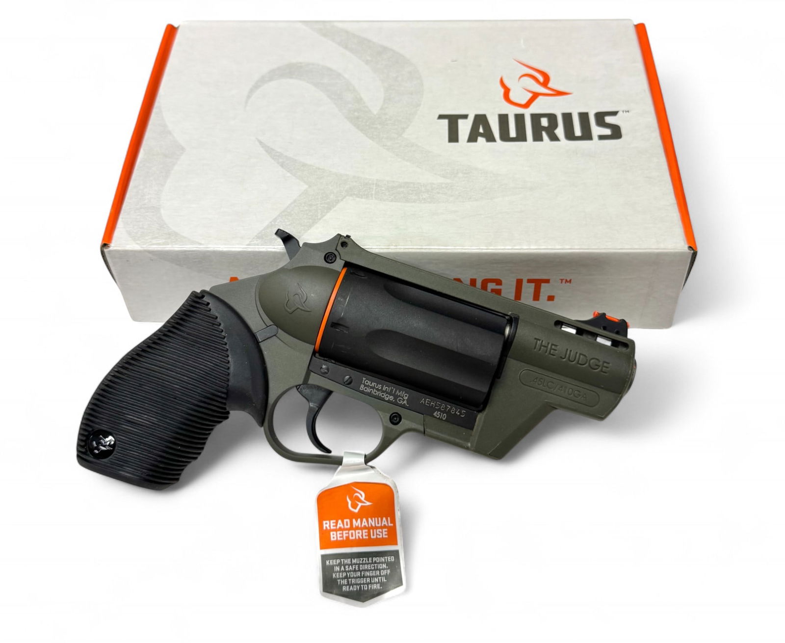 NIB Taurus JUDGE Public Defender Poly .45 LC/.410 GA. Olive Green 2” Revolver: S#: | Item No. 2-441029TCPLY | 2.5” Barrel with Fiber Optic Sight | 5-Shot, SA/DA | Olive Drab Green Finish | Chambered in both .45 Long Colt and .410 GA Shells | Frame is Alloy Steel and the re
