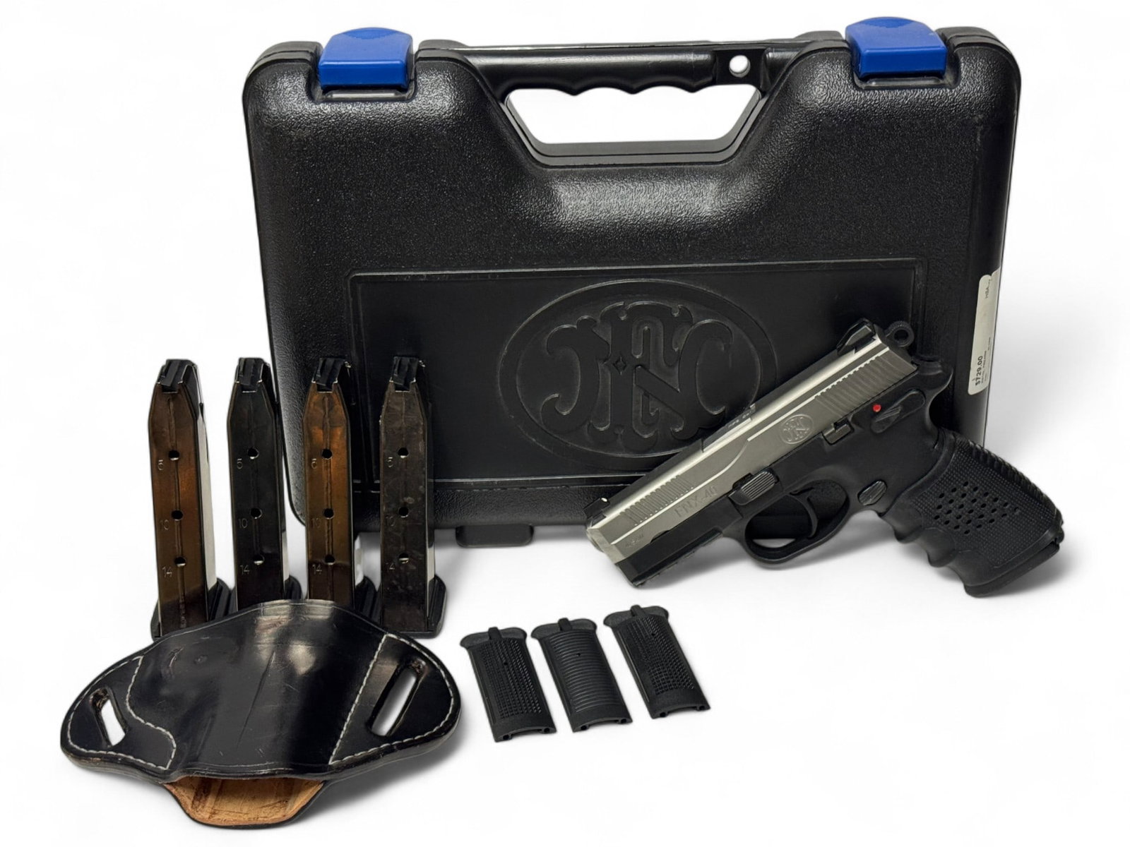 Excellent FNH FNX-40 Two Tone Stainless .40 S&W Semi-Auto Pistol in Box + 5 Mags: S#: FX2U026550 | Comes in Factory hard case with matching label, manual, first round, different backstraps, and (5) 14-Round Magazines | Comes with a nice black leather OWB RH holster | Night sights |