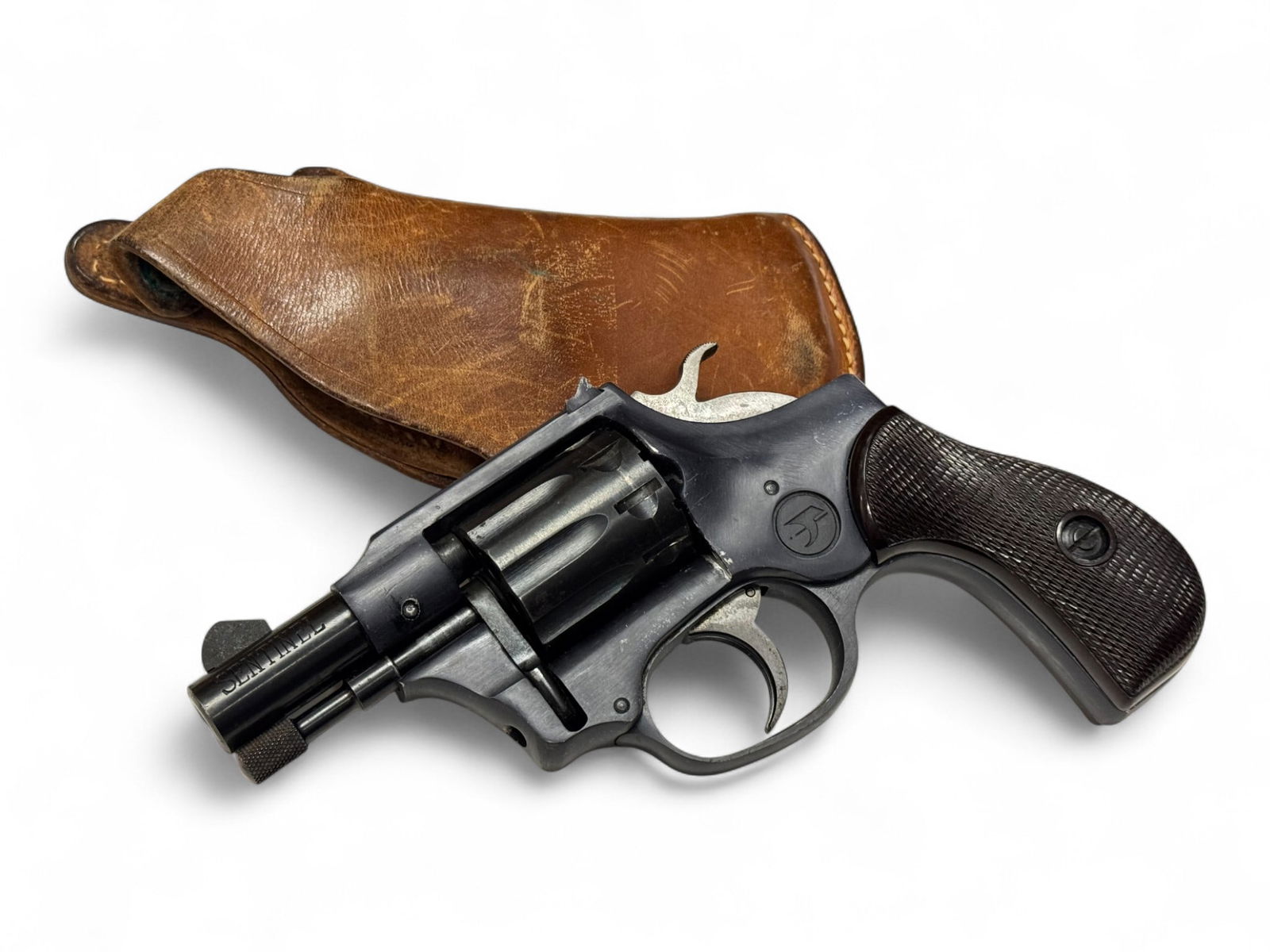 1968 High Standard Sentinel Snub R-108 .22 CAL. 2” Revolver w/ Holster : S#: 1994815 | Mfg. 1968 | 2.38” Barrel | 9-Shot, SA/DA | Comes with a Bucheimer Defender 137A-52SP Leather Holster |||| CONDITION: Very good. 90% original finish, with storage wear. Minor freckl