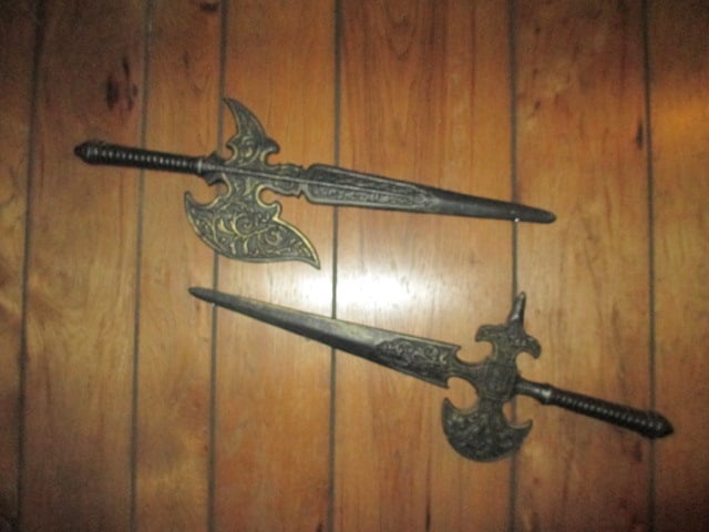 Two Midcentury Hoda Cast Metal Medieval Form Axe Swords Wall Art: .