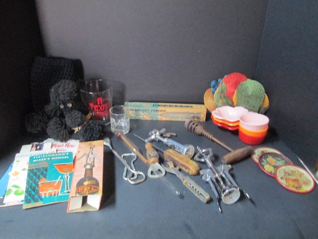 Old Bar Ware-Crocheted Poodle Bottle Cover, Wine and Bottle Openers,: Coasters, Wine Thermometer, Mixology Booklets, etc. See pictures and preview for items