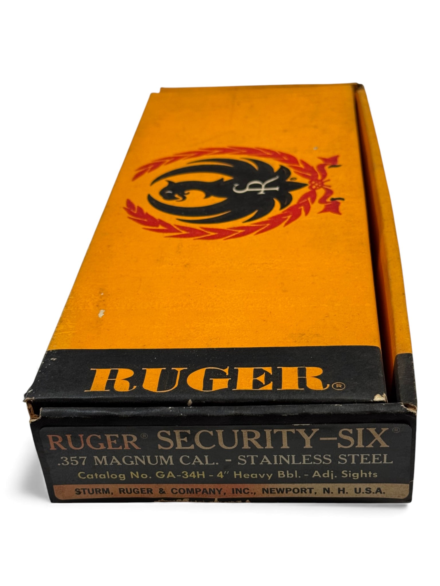 Ruger Security-Six .357 Magnum Stainles Steel Revolver Box: Catalog No. GA-34H | 4" Heavy BBL. | Adj. Sights | No Contents | See photos for exact details, and condition.