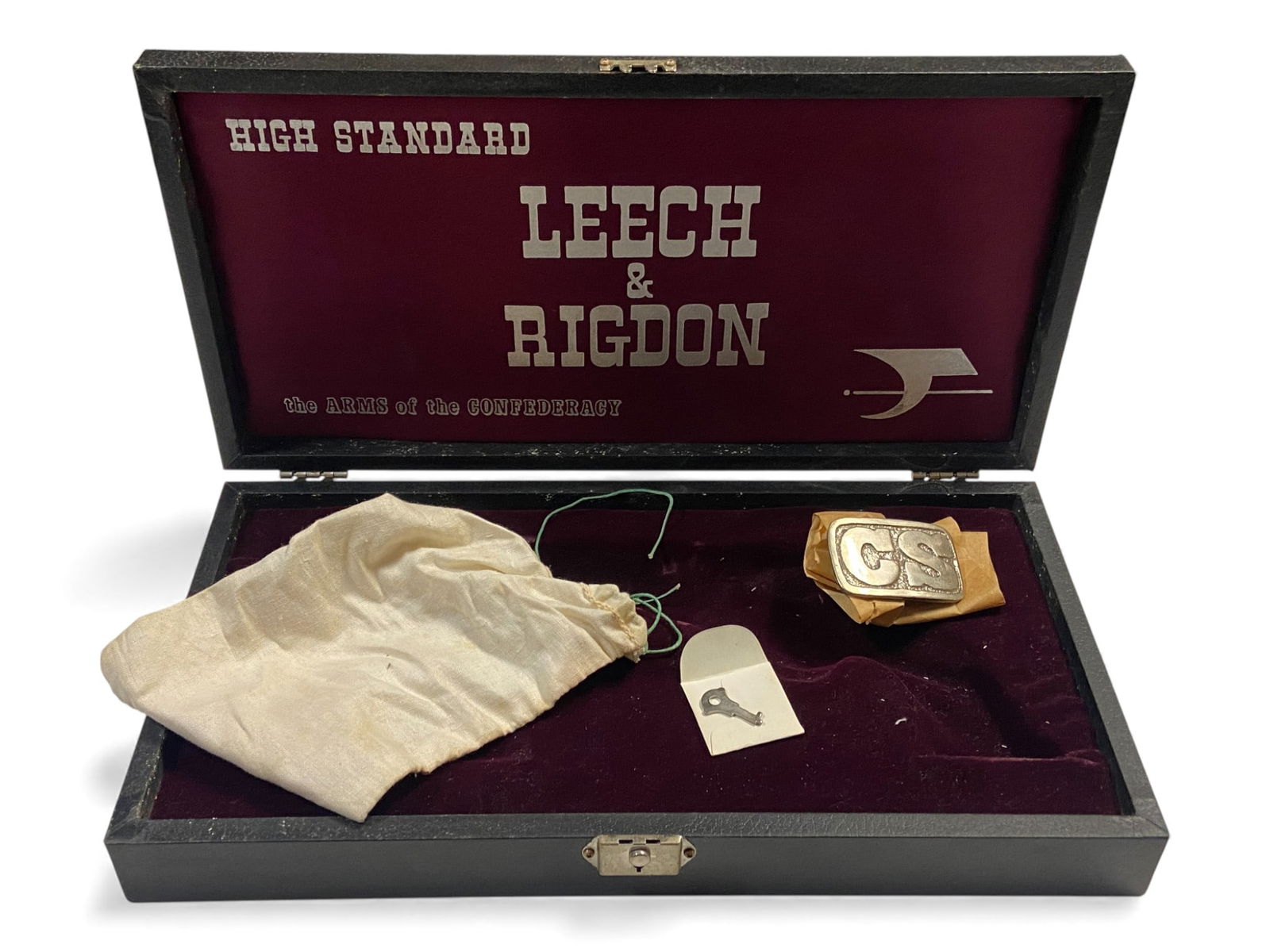 High Standard "Leech & Rigdon" Commemorative Revolver Box with Key, and Belt Buckle: See photos for exact details, and condition.