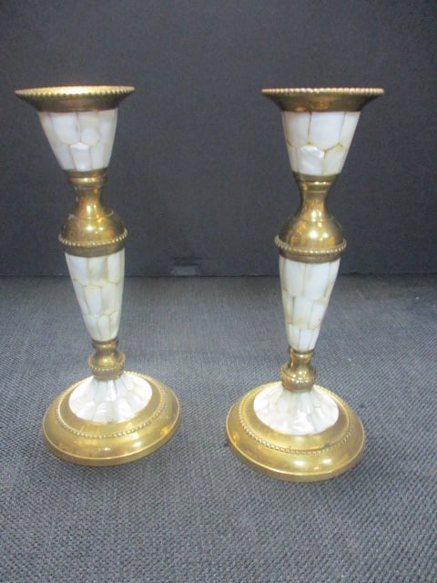 Brass & Mother of Pear Inlay Candlesticks (PR): 6 1/2"