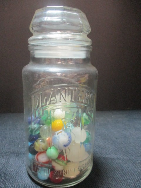 75th Anniversary Planters Peanut Jar w/marbles: 1 marble is uranium glass (see pictures)