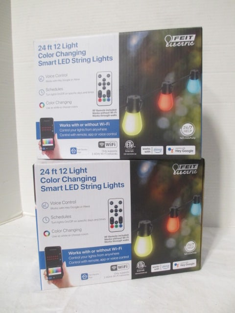 Two FEIT Electric 24' 12 Light Color Changing Smart LED String Lights: Voice Control, WiFi
