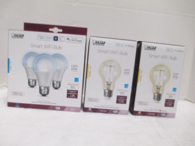 Three FEIT Electric Smart WiFi Bulbs: (2)Model A19 Soft White-2700K, (1)3-Pack A19 Daylight-5000K