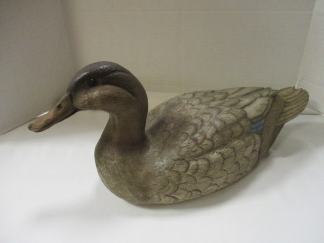Large Vintage Carved Wood Duck Decoy with Multiple Signatures on Bottom (1 of 10)