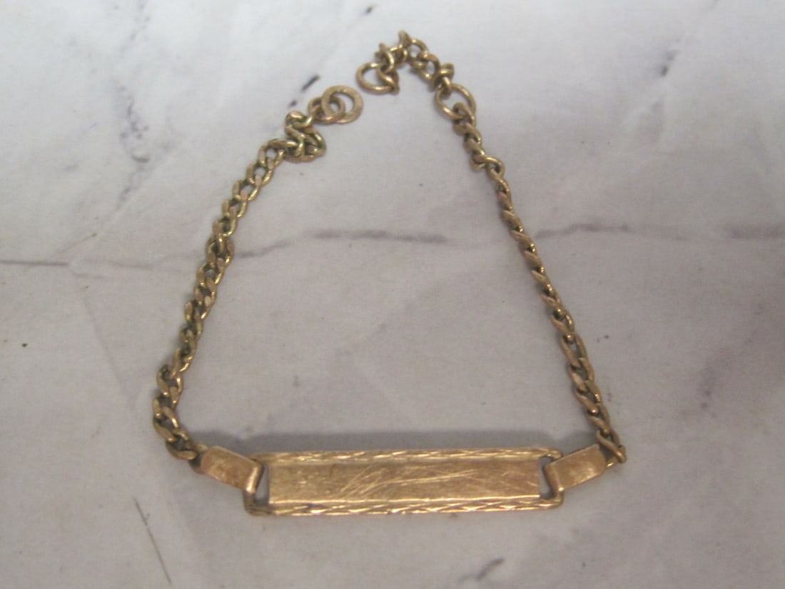 8k Gold Antique Signet Bracelet- marked 333: Weighs 2.5 grams. Engraved with 2/9/01. Clasp needs repair.