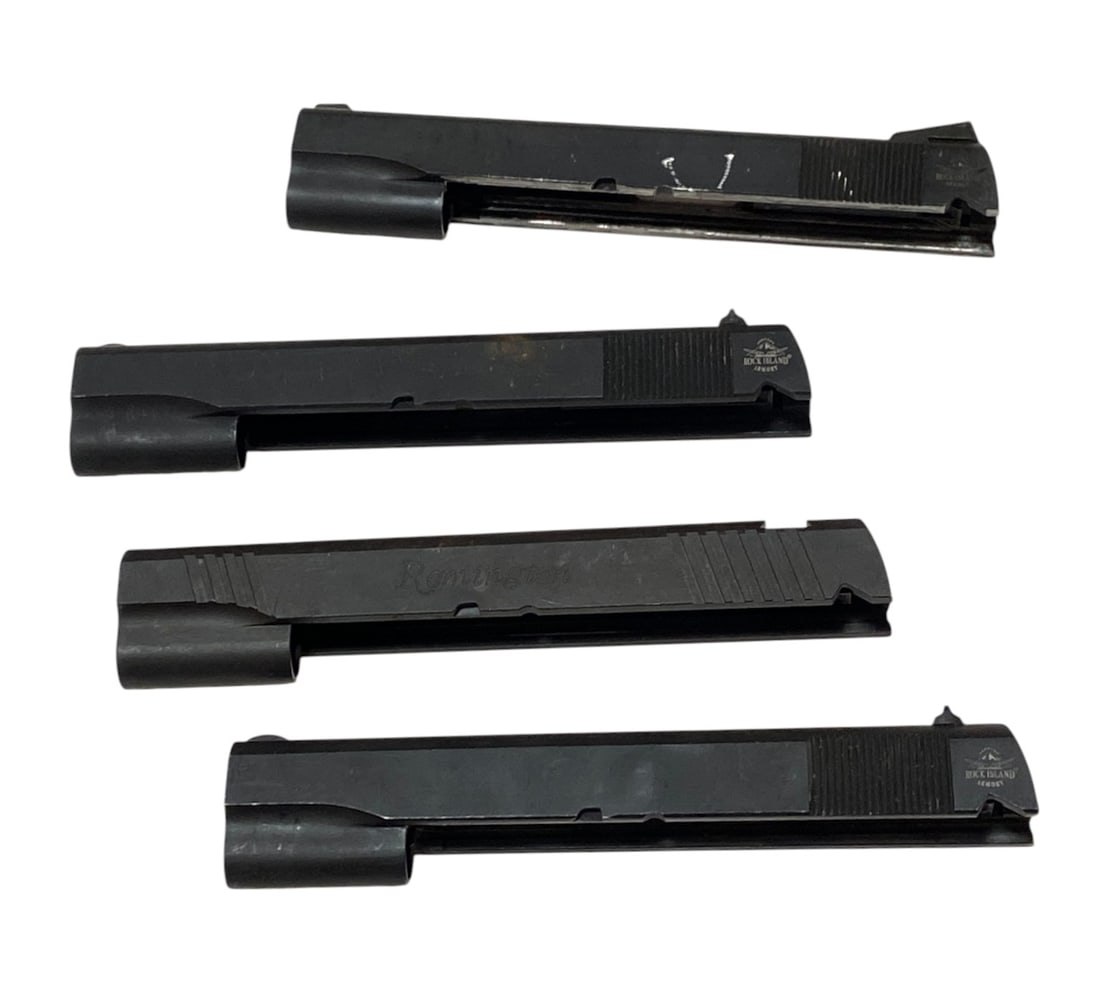 (4) Excellent 1911 Factory Pistol Slides: (3) Rock Island Armory, (1) Remington 1911. Excellent condition. Factory take-off slides. Lots of parts in other lots that can be used with these.