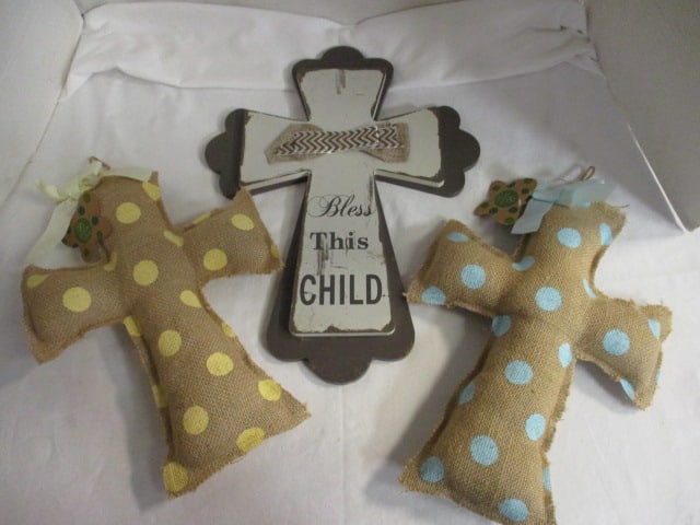 My Everygreen "Bless This Child" Wood Cross Wall Hanging and 2: Blossoms & Buds Fabric Cross Hangings