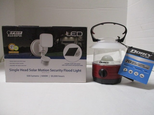 Feit Electirc Single Head LED Solar Motion Security Flood Light and Dorcy: 70-Hour LED Lantern