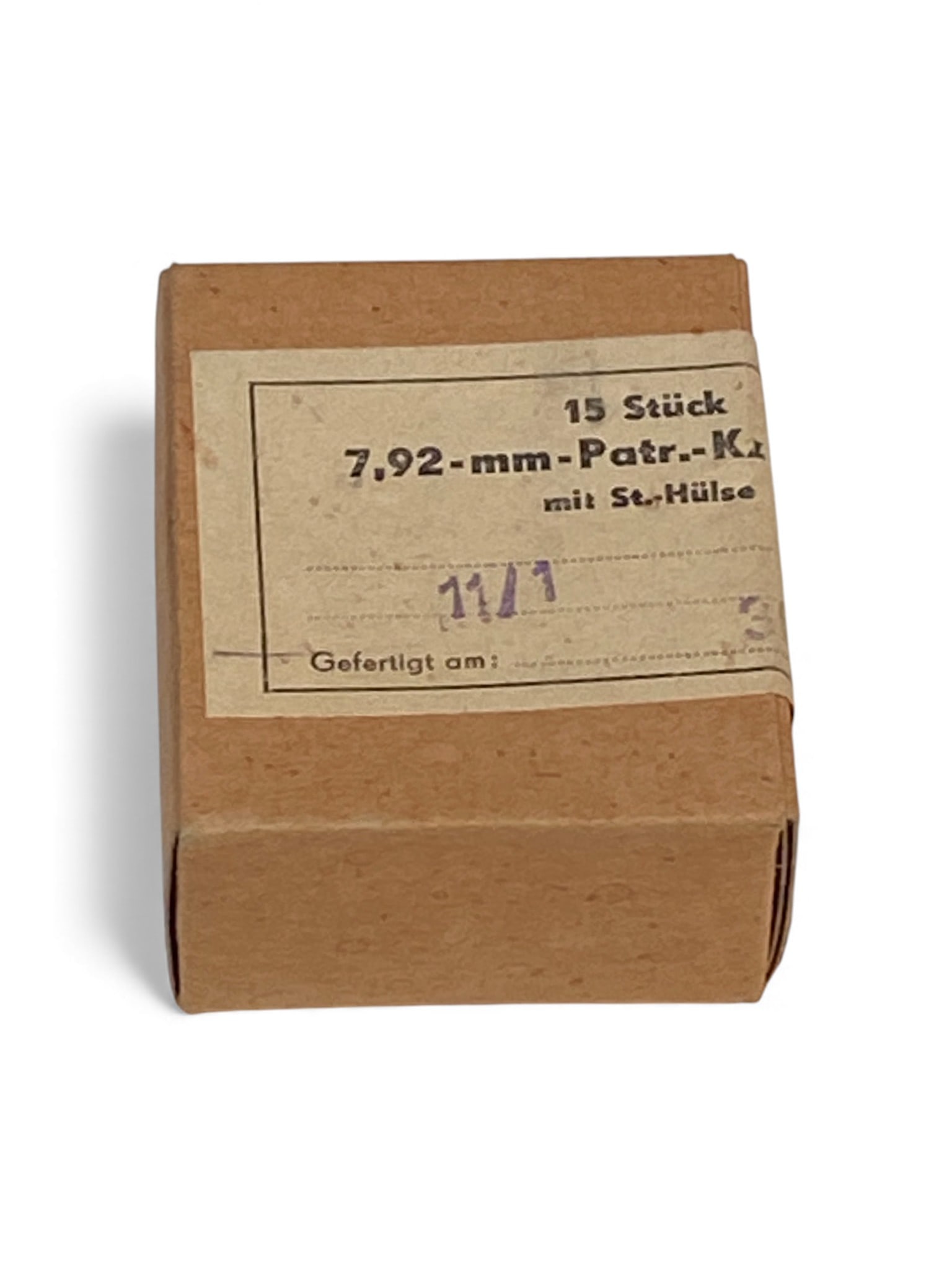 15rds. of 7.92x33mm KURZ from East Germany in 1961: Developed for the StG 44 assault rifle. The label indicates the box contains 15 rounds and was produced in East Germany in 1961.