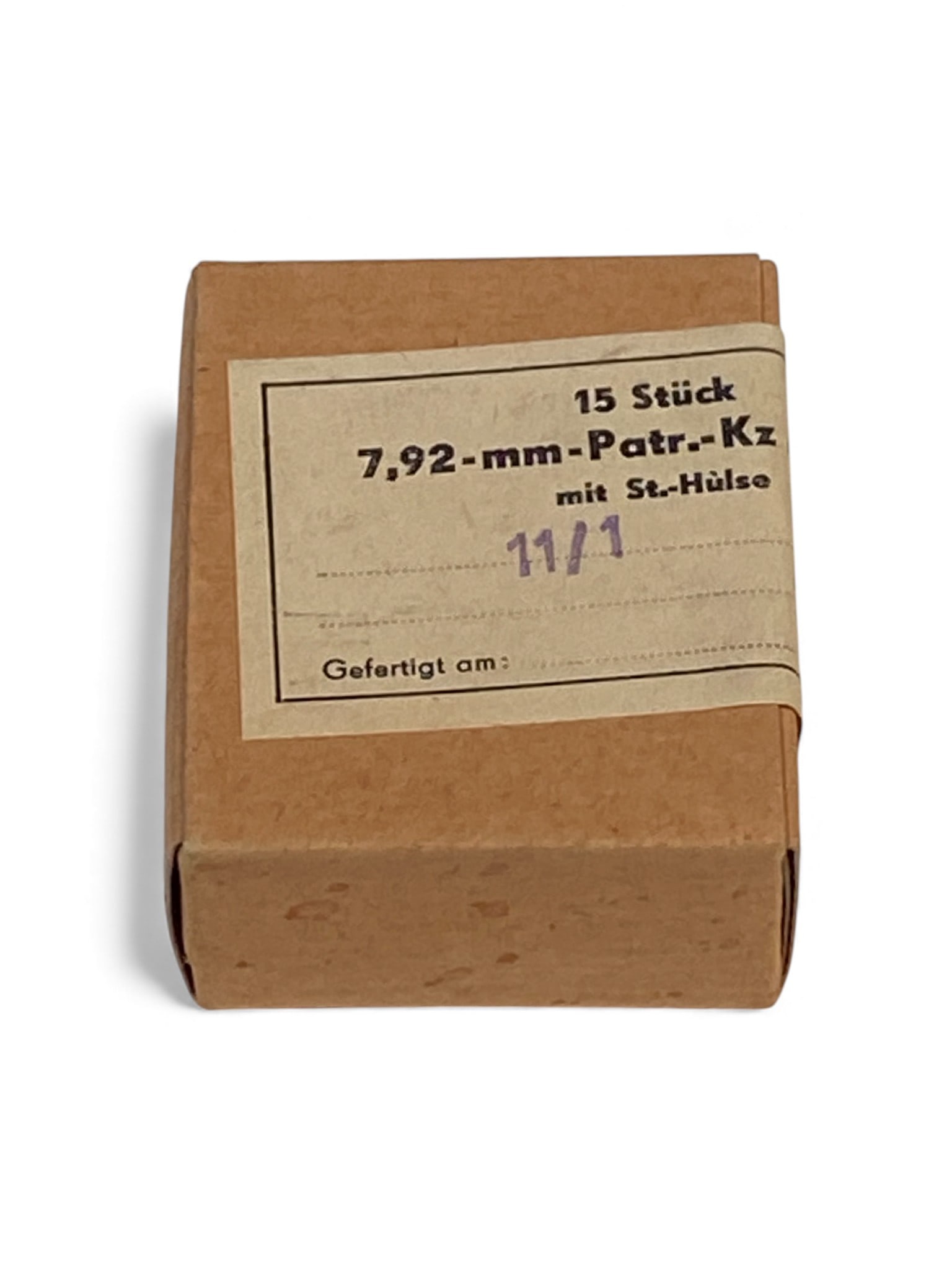 15rds. of 7.92x33mm KURZ from East Germany in 1961: Developed for the StG 44 assault rifle. The label indicates the box contains 15 rounds and was produced in East Germany in 1961.