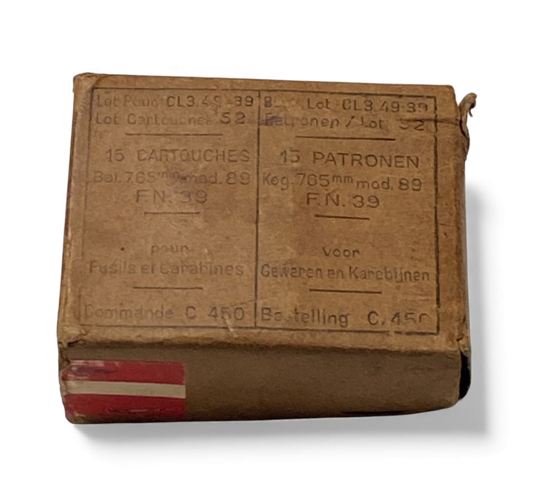 30rds. of 7.65x53mm Belgian Mauser FN.39 Ammunition in Box on Stripper Clips: This ammunition was made for the Belgian armed forces for use in both their Model 1889 rifles and machine guns by FN in 1939. 30 rounds on 5-round stripper clips.