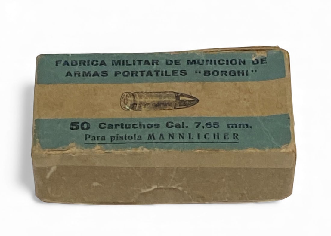 50rds. of 7.65 MANNLICHER (7.65x21) M1901 Pistol Ammunition in Box: Made by Military Light Arms Munitions Factory at Puerto Borghi, Argentina in 1947