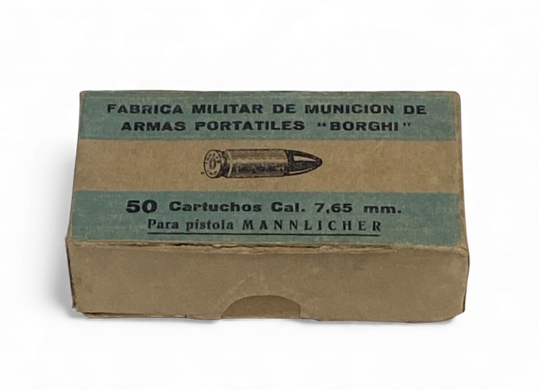 50rds. of 7.65 MANNLICHER (7.65x21) M1901 Pistol Ammunition in Box: Made by Military Light Arms Munitions Factory at Puerto Borghi, Argentina in 1947