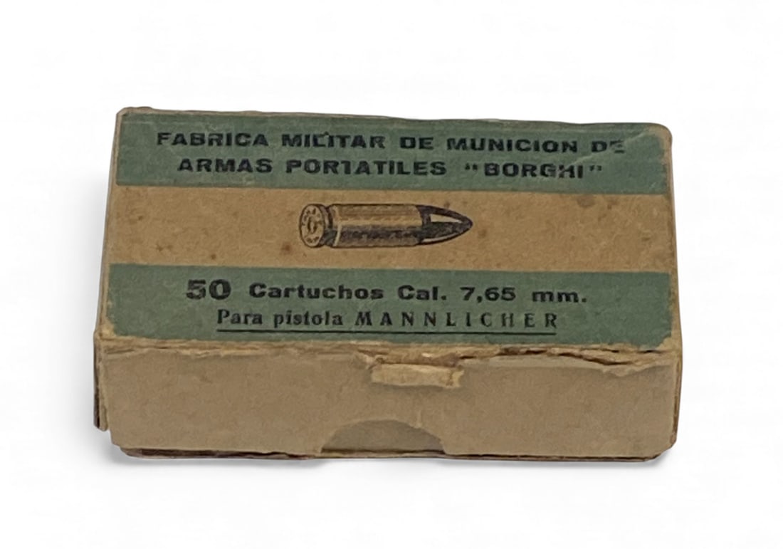 50rds. of 7.65 MANNLICHER (7.65x21) M1901 Pistol Ammunition in Box: Made by Military Light Arms Munitions Factory at Puerto Borghi, Argentina in 1947