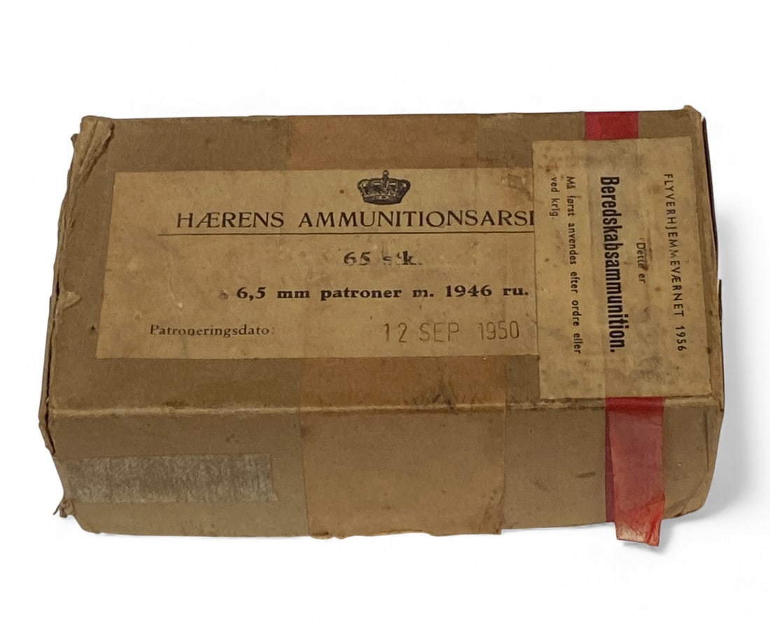 65rd. Box of 1950 Danish 6.5x55mm SWEDISH M/46 Ammunition: “6,5 mm patroner m. 1946 ru.” Dated 12 SEP 1950
