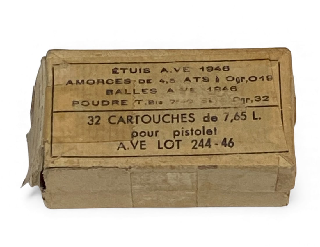 French 32rd. Box of 7.65mm FRENCH LONG Ammunition dated 1946: Manufactured by AVE in 1946. For use in French 1935a Pistols, and French SMGs