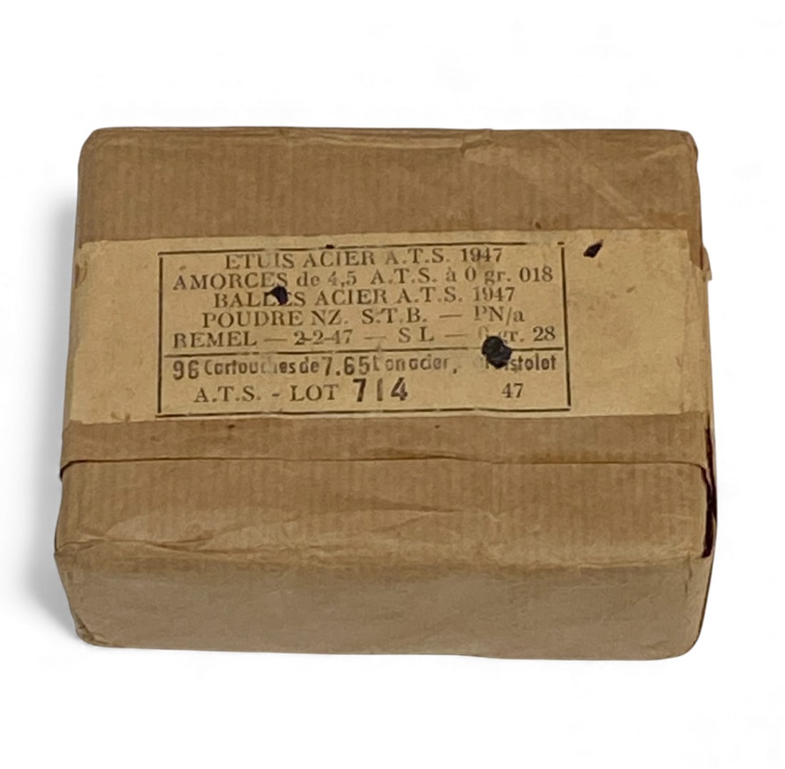 Sealed 96rd. Box of 7.65mm FRENCH LONG Ammunition dated 1947: Highly collectible & hard to find box. Manufactured by ATS in 1947. For use in French 1935a Pistols, and French SMGs