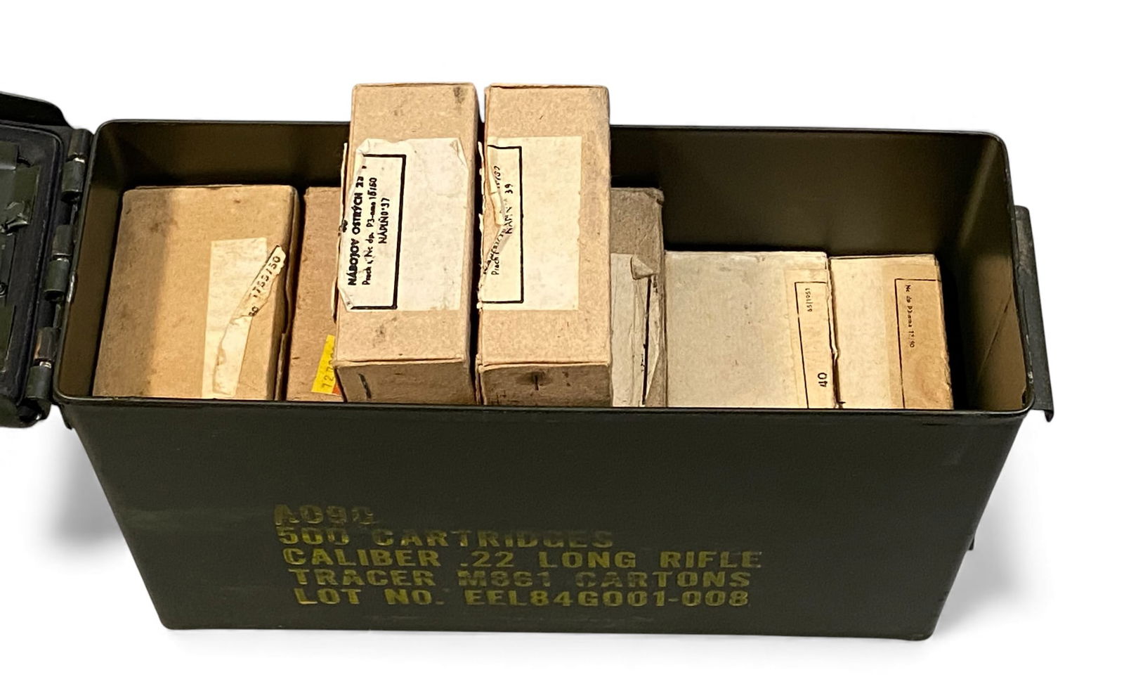 Boxed 760rds. of Czech 9mm Ammunition Type 23 on 8-Round Stripper Clips in Metal Ammo Can: 19 Original boxes, 40-Rounds each, not repacks. Various makers. 1950s. This is highly collectible special ammunition for Czech SMGs, do your research.