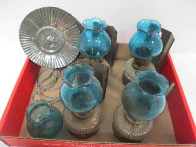 Four Vintage Wall Oil Lamps with Blue Glass Shades and Tin Reflectors: 5 1/2"h, ruffle edge shades, includes extra shade