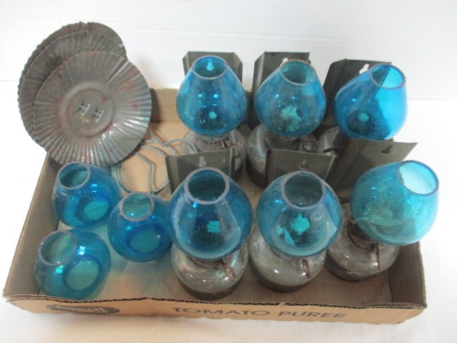 Six Vintage Wall Oil Lamps with Blue Glass Shades and Tin Reflectors: 5 1/2"h, straight edge shades, includes three extra shade, only three reflectors