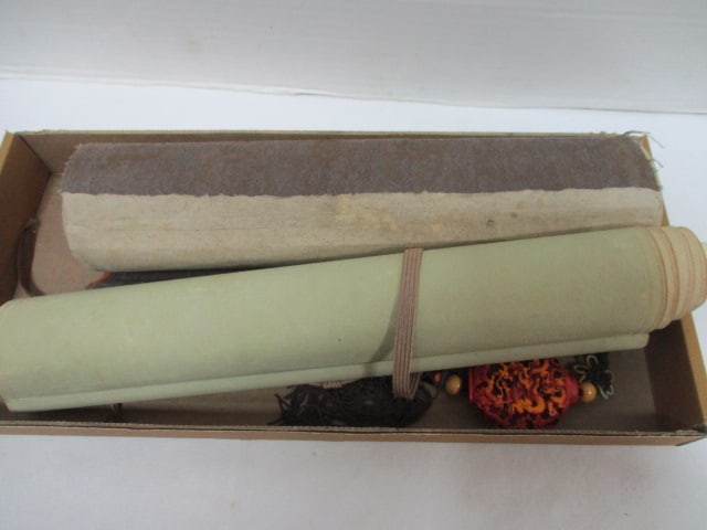Two Signed Original Chinese Landscape Scroll Artworks and Scroll Tassel Weight (1 of 9)