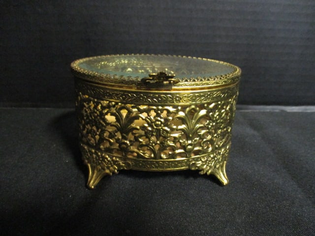 Vintage Gold Tone Filigree Trinket Box with Beveled Glass Top: 4 1/4" x 3 3/4" x 3"
