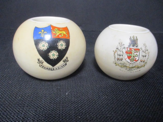 Two Antique Carlton Ware Coat of Arms Match Stick Holders: 3 1/2"dia x 2 1/2"h, 3"dia x 2 1/2"h, both stamped in blue on bottom W&R Stroke on Trent Carlton Ware